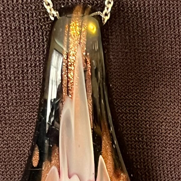 3D Pink Flower Dichroic Glass Pendant • Black & Gold • Sterling Italian Chain - Picture 5 of 14